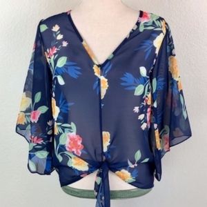 Floral Print Bell Sleeve Tie Front Blouse